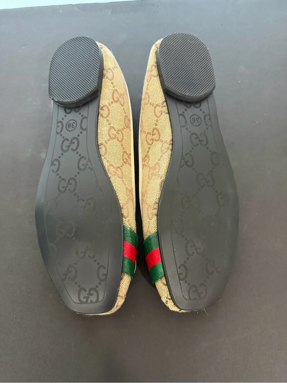 Beige GG Canvas Ballet Flats with Green-Red Web and Gold Double G Accent
